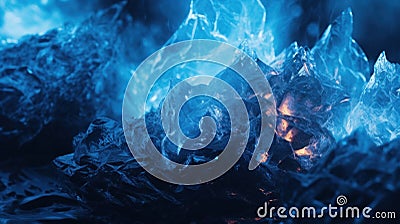 A close up of a pile of rocks with blue flames, AI Stock Photo