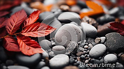 A close up of a pile of rocks and leaves with red leaf, AI Stock Photo