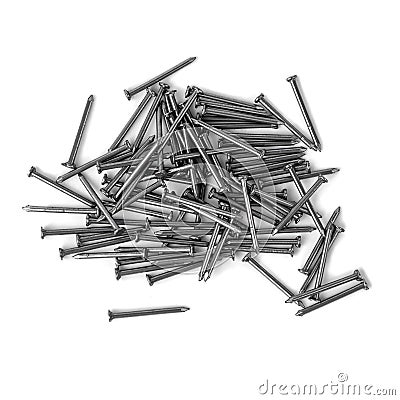 Close-up pile of small grey metal nails isolated on white background, top view. Stainless fastener used in construction Stock Photo