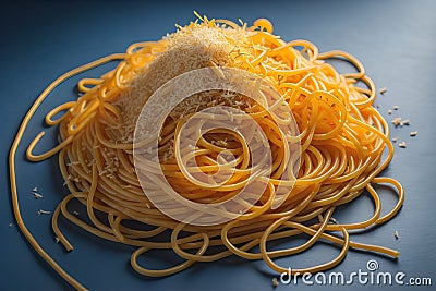 close up of a pile of spaghetti pasta on a dark blue background. generative ai Stock Photo