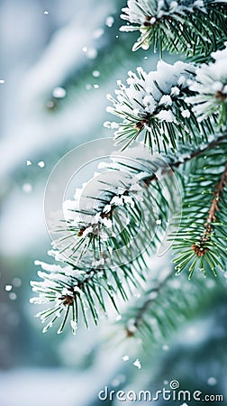A close up of a pine tree branch with snow falling, AI Stock Photo