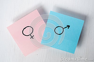 Stickers with gender symbols Venus and Mars indicate man and woman on white background. Heterosexuality Stock Photo