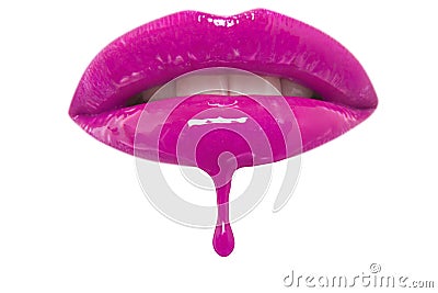 Close-up of pink lipgloss dripping from woman's lips over white background Stock Photo