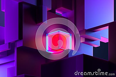 Close Up Of Pink Neon Bright Cube On Violet Abstract Geometric Foursquare Figures With Copy Space. 3d Rendering Stock Photo