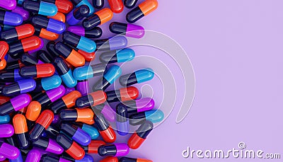 Close up of pink and purple medicine capsules with copy space. Lots of medicine pills. Pile of colorful pills 3D Cartoon Illustration