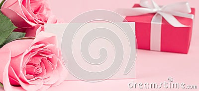 Close up pink roses with space for greeting text on pink background. Card for Valentines, Mom, Women's day and 8 Stock Photo