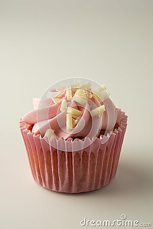 Close up pink, strawbery, fruit cupcakes isoalted. Sweet dessert, shortcakes with cream. Birthday food, cake, muffin. Tempalte for Stock Photo