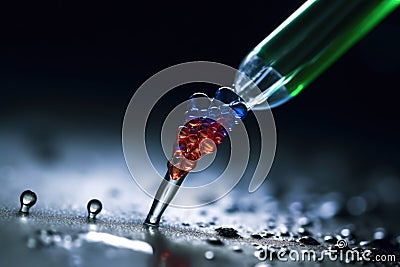 close-up of pipette, with droplets of liquid being dispensed onto the surface Stock Photo