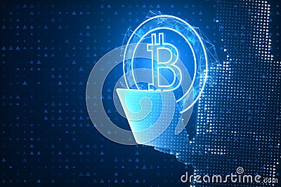 Close up of pixel hand using laptop with abstract bitcoin hologram on background. Cryptocurrency and finance concept Stock Photo