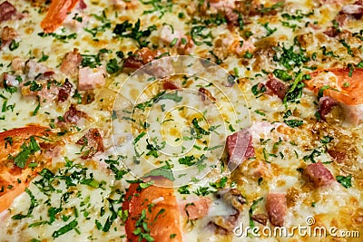 Close-up of pizza with ham, cheese, tomatoes and herbs and bacon. Food background Stock Photo