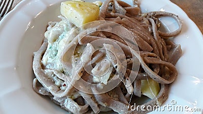 Close-up of pizzoccheri , italian first course plate. The pizzoccheri of Valtellina are a variety of pasta prepared with buckwheat Stock Photo