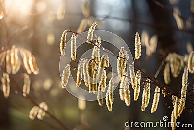 a close up of a plant with lots of small flowers on it's stem and leaves in the foreground, with a b Stock Photo