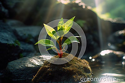 A close-up of a plant on a rock in the water. born concept. Cartoon Illustration