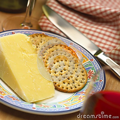 Close up of plate of cheese and biscuits Stock Photo