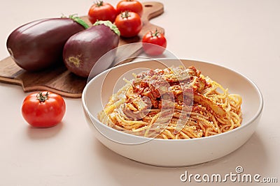 Close up plate EGGPLANT PASTA like a Calabrese Stock Photo