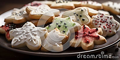 A close-up of a plate of freshly baked Christmas cookies three generative AI Stock Photo