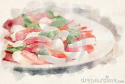 Close-up of a plate with mozarella, tomato and basil Stock Photo