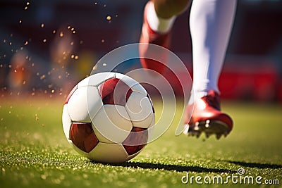 Close-up of player& x27;s foot striking the soccer ball during a kick. Generative Ai. Stock Photo