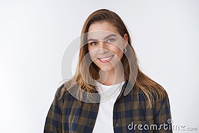 Close-up pleasant friendly-looking joyful attractive european woman chestnut haircolor smiling delighted tilting head Stock Photo