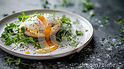 A close-up poached egg, its runny yolk spilling out, an essential component of the ketogenic diet Eggs Benedict recipe, paired Stock Photo
