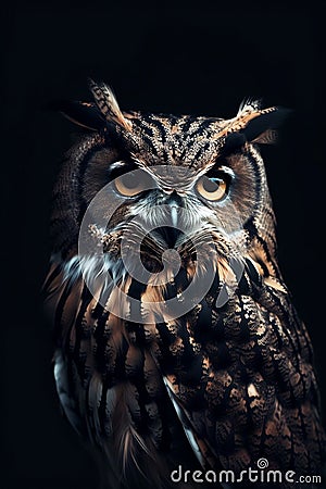 A close up of a pockmarked owl staring forward. Portrait. Taken against a dark background the eyes are penetrating the viewer. Stock Photo