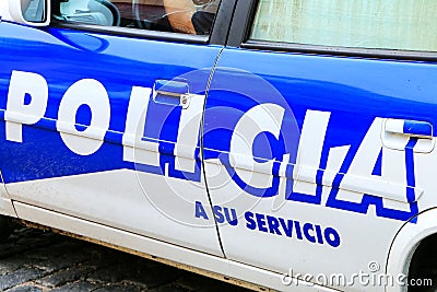 Close-up of police car in Colonia del Sacramento, Uruguay. Editorial Stock Photo