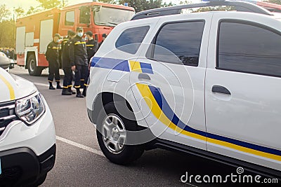 Close-up of police cars without labels or markings. A parade of cars of the defenders of order and tranquility. The work of the Stock Photo