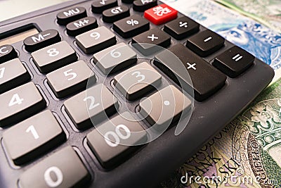 Close up on Polish Z?oty banknote with calculator Stock Photo