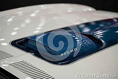 Close-up of a 1971 Pontiac Firebird Trans Am H.O. (High Output) hood scoop, at Detroit Autorama Editorial Stock Photo