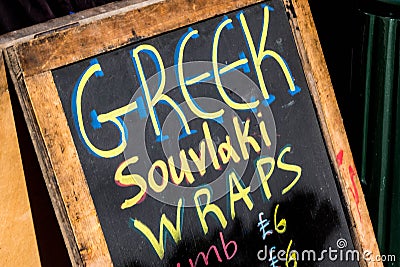 Close Up Of A Pop-Up Greek Market Food Stall With No People Selling Fresh Wraps Editorial Stock Photo