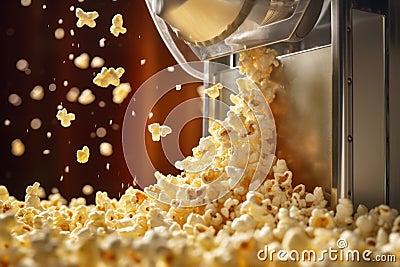 A close-up of a popcorn machine, with popcorn kernels popping and flying out of the machine, capturing the essence of the popcorn- Stock Photo