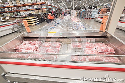 Close-up pork ribs in cooler at Costco meat department in Texas, America Editorial Stock Photo