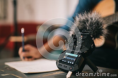 Close up of portable music recorder Ideas for creative musicians. Artist, Songwriter or Composer Stock Photo