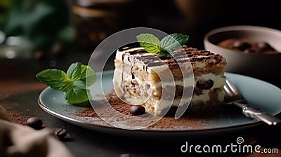 Close up on a portion of gourmet tiramisu Italian dessert topped with a sprig of mint .Generative AI Stock Photo