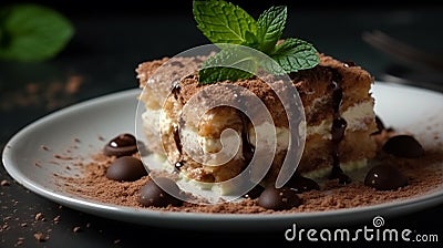 Close up on a portion of gourmet tiramisu Italian dessert topped with a sprig of mint .Generative AI Stock Photo