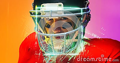 Close-up portrait of american football player wearing helmet by illuminated square and plants Cartoon Illustration