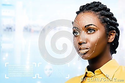 Female african face with conceptual face recognition scan. Stock Photo