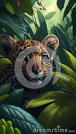 Close up portrait of baby jaguar, tropical forest, Highly Detailed Illustration Cartoon Illustration