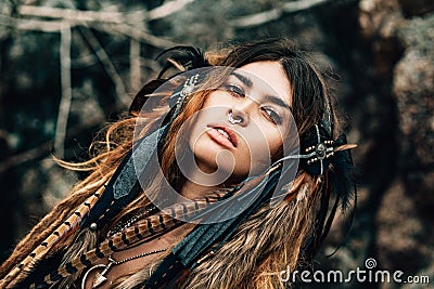 Close up portrait of beautiful tribal woman dancer in headdress Stock Photo