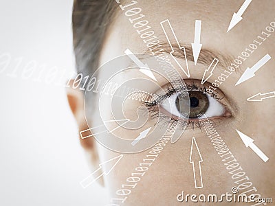 Close-up portrait of businesswoman with binary digits and arrow signs moving towards her eye against white background Stock Photo