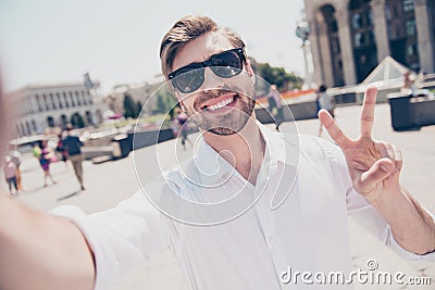 Close up portrait of cheerful handsome delightful excited glad j Stock Photo