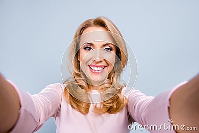 Close up portrait of cheerful happy joyful with toothy beaming s Stock Photo