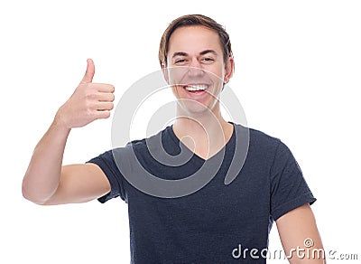 Close up portrait cheerful young man with thumbs up Stock Photo