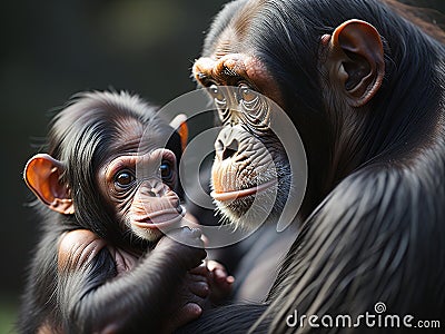 Portrait of a chimpanzee mother with her baby. Generative AI Stock Photo
