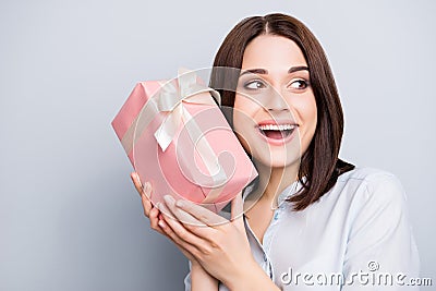 Close up portrait of cute lovely delightful pretty with open mouth toothy beaming smile bob short hair hairdo freelancer student Stock Photo