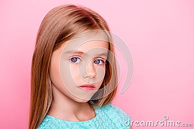 Close up portrait of cute nice lovely charming adorable beautiful confident concentrated little girl with big blue eyes, isolated Stock Photo