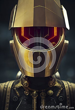 Close up Portrait of a Cyborg with a Helmet and Red Glowing Lights Stock Photo