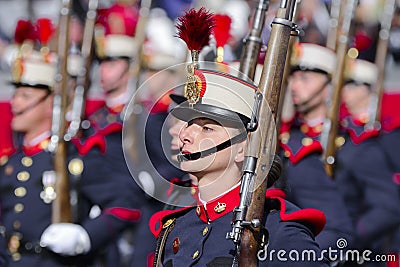 Female Spanish Royal Guard marching Editorial Stock Photo