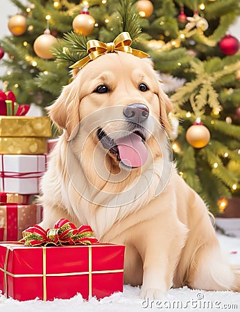 Close-up portrait of a golden retriever with a bow on it's head next to a stack of Christmas gifts. AI generated. Stock Photo