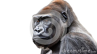 Close-up portrait of a gorilla with a contemplative expression, highlighting its deep-set eyes and the distinctive reddish-brown Cartoon Illustration